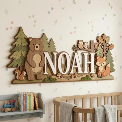 Personalized Woodland Name Sign, Forest Animals Nursery Decor, Custom 3D Wood Name Sign, Bear Nursery Decor, New Baby Gift, Boys Room Decor