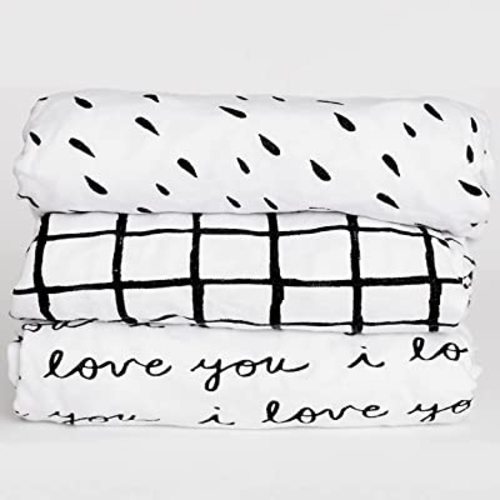 3 Fitted Crib Sheets Black/White Set for Baby Toddler Mattress - 100% Oeko-TEX Cotton Gender Neutral for Girl/Boy Nursery Bedding - I Love You, Plaid & Abstract Polka Dots 28”x52”x9” Sheet