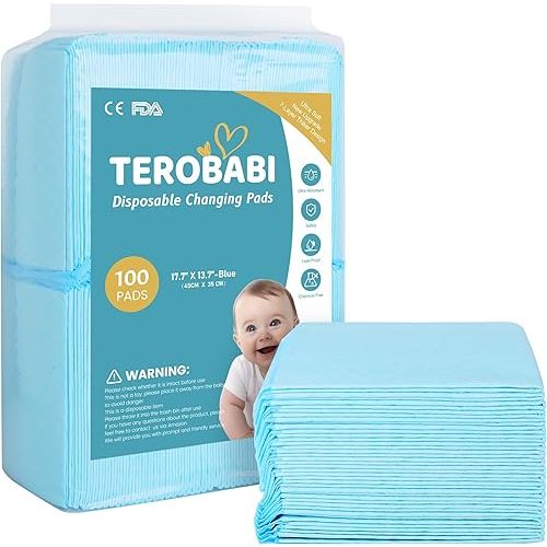 Disposable Changing Pads for Baby, 100 Pack 17.5"x13.5" Ultra Absorbency Diaper Changing Pad Liners, Baby Breathable Disposable Underpads Bed Pads Incontinence Pads, Leak-Proof Portable Baby Pads,Blue