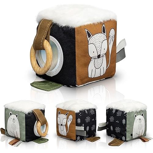 Soft Toy Block with Wooden Ring for Babies 0-3 and 0-6 Months - The Perfect High Contrast Activity Cube & Teething Toy with Tummy Time Mirror for Newborns - A Fun Sensory & Development Toy for Infants