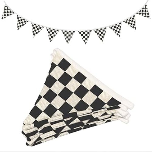 Boys Room Wall Art Decor,Cars Room Decor for Toddler Nursery Playroom, Black and White Checkered Garland Triangle Banners,Racing Flags 11Ft Bunting Flags Fabric for Baby Shower Birthday Party