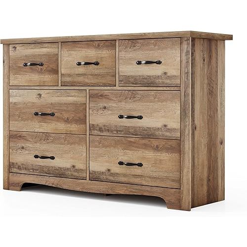 LINSY HOME 7 Drawers Dresser for Bedroom, Wood Bedroom Dresser Modern Drawer Chest, 7 Chest of Drawer, Tall Dresser for Closet, Dressers Organizer for Living Room, Closet, Hallway