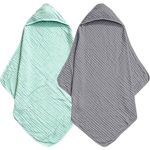 david's kids 2 Pack Hooded Baby Towels, 100% Muslin Cotton Ultra Soft Breathable Absorbent Baby Bath Towels for Infant Toddler and Kids, Newborn Essentials, Large 32x32Inch, Grey & Green