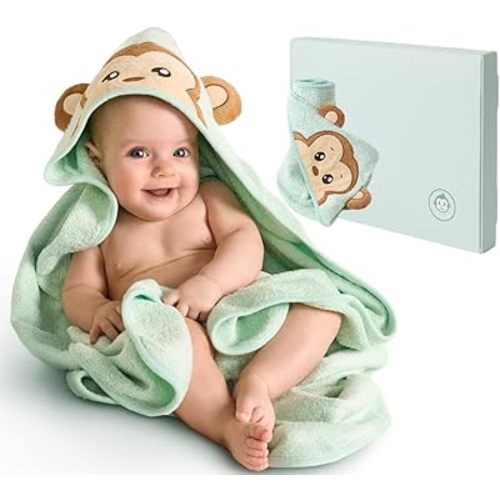 Bamboo Hooded Towels for Baby – Mint Green 35x35” | Soft Bamboo Rayon Cotton Bath Wrap for Newborns, Infants & Toddlers | Monkey Face Hooded Towel for Boys & Girls