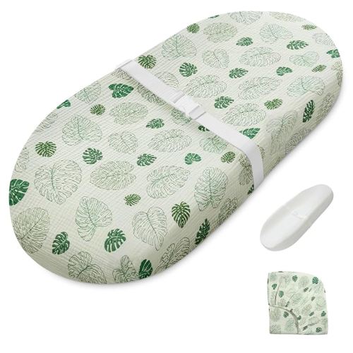 Blissful Diary Muslin Baby Changing Pad with Waterproof Lining Foam, Diaper Changing Table Pad with Cover for Dressers (Monstera, Avocado)