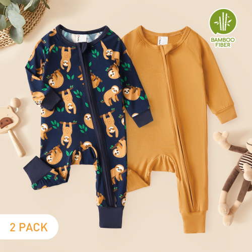 PatPat Bamboo Baby Pajamas Baby Girl Gifts Snug Fit Zipper Long-Sleeved Baby Bodysuits Sleepwear,2Pack,0-24 Months