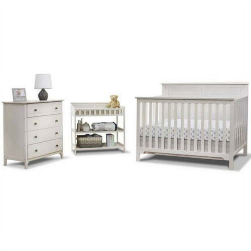 Sorelle Furniture Nursery Wood Baby Bed, Dresser & Bedroom Set - Farmhouse Room in a Box, Weathered White