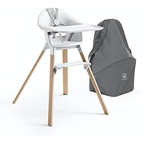 Stokke Clikk High Chair (White) + Travel Bag (Grey) - All-in-One High Chair with Tray + Harness - Light, Durable & Travel Friendly - Best for 6-36 Months or Up to 33 lbs