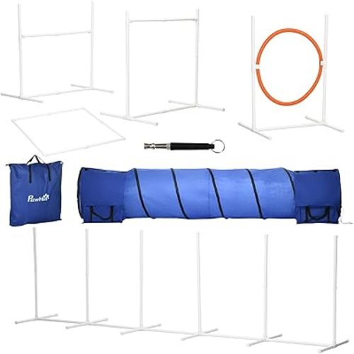 PawHut Dog Agility Training Equipment with 9.8' Tunnel & Canine Whistle, Dog Obstacle Course for Backyard with Pause Box, Includes Dog Agility Tunnel, Agility Jumps, Weave Poles, 8-Piece