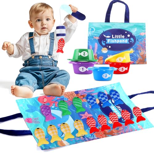 Montessori Fish Toys, 22 PCS Cloth Fishing Game for Toddlers 6 to 12 Months Girls Boys, Baby's Sensory Toy with Stacking Cups, Number Counting, Color Sorting, Fishing Game for Boy Girl Birthday Gift