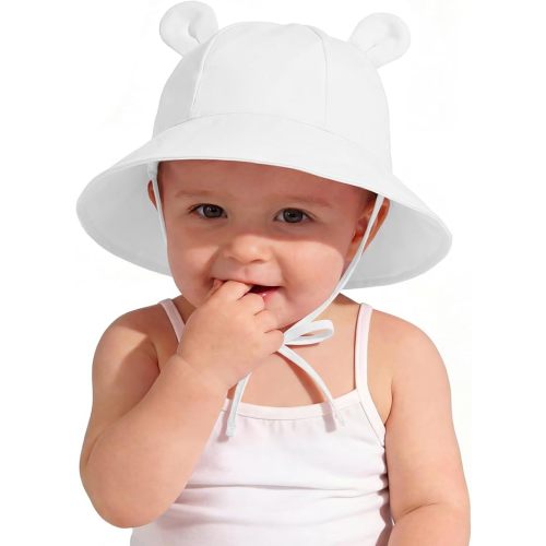 Zando Wide Brim Baby Sun Bucket Hat 0-6M UPF 50+ - Sun Protection Toddler Beach Hats with Bear Ears Infant Hat Adjustable