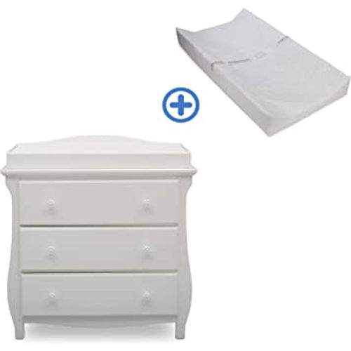 Delta Children Lancaster 3 Drawer Dresser with Changing Top, Bianca White and Contoured Changing Pad, White