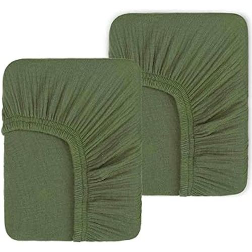 2 Pack Olive Green Muslin Crib Sheets for Boys & Girl- Neutral Breathable Cotton Crib Mattress Sheets Fitted for Standard 28"x 52"- Nursery Décor No Slip Crib Bed Sheets