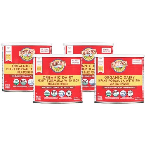 Earth's Best Organic Baby Formula for Babies 0-12 Months, Powdered Dairy Infant Formula with Iron, Omega-3 DHA, and Omega-6 ARA, 21 oz Formula Container (Pack of 4)