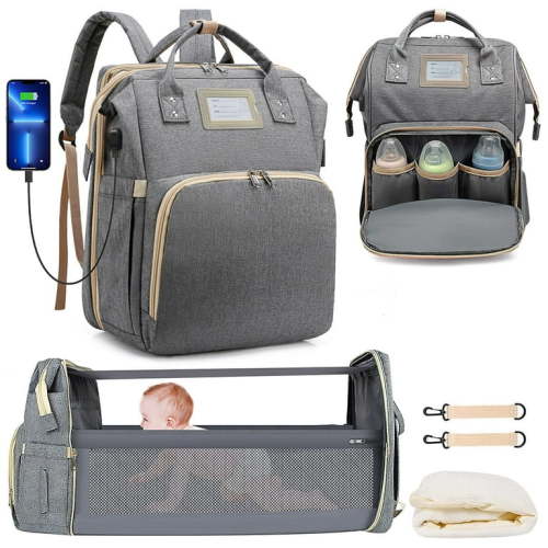 Diaper Bag Backpack, Large Capacity Diaper Backpack with Foldable Crib, Travel Waterproof Baby Changing Bag Multifunctional with USB Charging Port & Stroller Strap for Baby Boy & Girls(Gray)