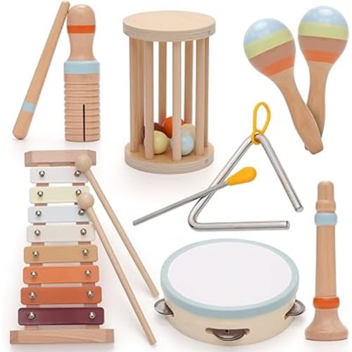 Baby Musical Instruments,Montessori Wooden Percussion Instruments Toy for Toddlers1-3 , with Modern Boho Xylophone Tambourine for Kids Preschool Educational 3+ Christmas Birthday Gifts