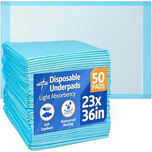 Medline Light Absorbency Underpad, 23" x 36", 50 Count, Disposable Bed, Furniture & Surface Protection, For Kids, Adults, Elderly, Puppy Pad, Changing Pad, Incontinence Pee Pad, Chucks