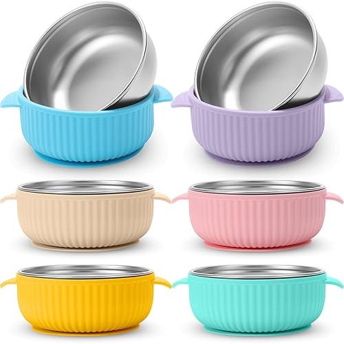 Nuogo 6 Pcs Stainless Steel Baby Bowls with Removable Silicone Shell 304 Toddler Bowls Kids Anti Scald Snack Container for Food Feeding, Dishwasher Safe(Multicolor,Suction-c)