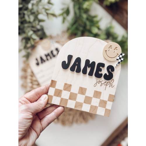 Checkered Retro Baby Birth Stats Board, Baby Name Announcement, Birth Announcement, Name Sign, Baby Boy Name Sign