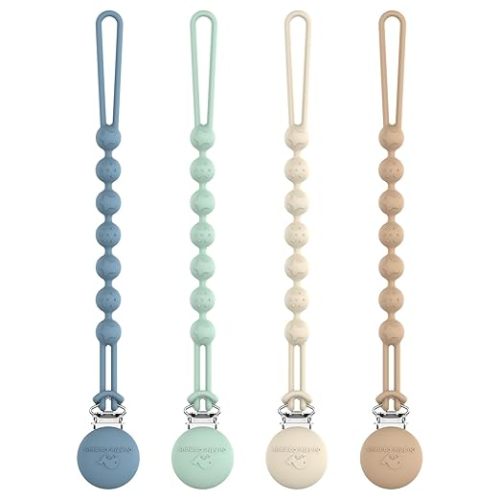 Cuddle Campus Silicone Pacifier Clip Holder with One Piece Design, Pack of 4 Soft Flexible Binky Clips with Texture for Baby Boy and Girl (0-6M) Set 1