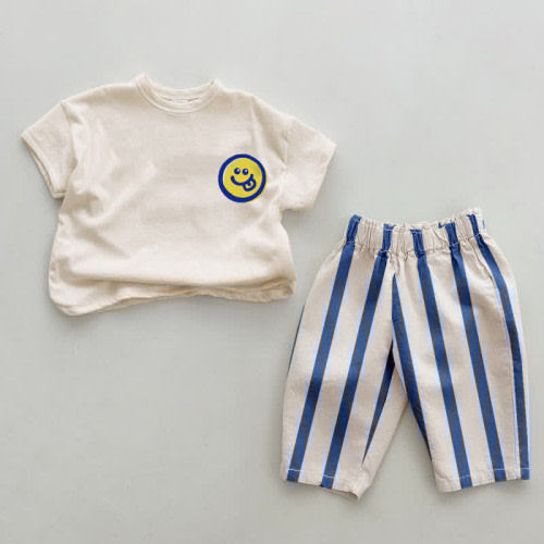 Baby Smiley Face Logo Blue Vertical Striped 2-piece Set