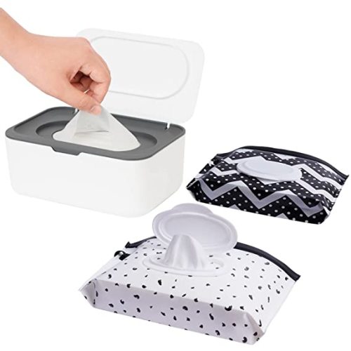 Wipes Dispenser with 2 Portable Wipe Cases, Wipe Holder for Baby & Adult, Seposeve Refillable Wipe Container, Keeps Wipes Fresh, One-Handed Operation. Easy Open/Close Wipes Pouch Case, (Grey) - Multicolor Grey