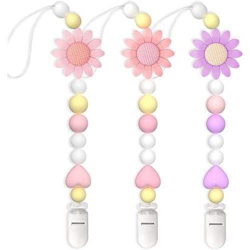 Silicone Pacifier Clip, 3 Pack Pacifier Holder for Boys and Girls, Adorable Sunflower Pacifier Clips Fits for Most Pacifier, Baby Teethers, Baby Shower and Baby Gift