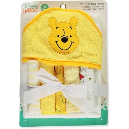 Cudlie Accessories Disney Baby Winnie The Pooh Hooded Towel with 5 Piece Washcloth Set, Honey Collector Print, GS71798, Yellow
