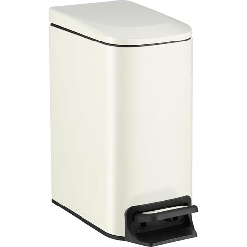TIPGO Slim Bathroom Trash Can with Lid Soft Close, 6 Liter / 1.6 Gallon Stainless Steel Garbage with Removable Inner Bucket, Small Trash Bins for Bedroom, Office (Cream)