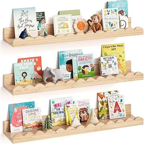 Nursery Book Shelves, Set of 3, Nursery Decor for Baby and Toddler, Scalloped Shelves, Book Shelf for Kids Rooms, Wall Book Shelf for Bedroom Kids, Floating Shelf for Wall (Wood, 23.5 Inches)