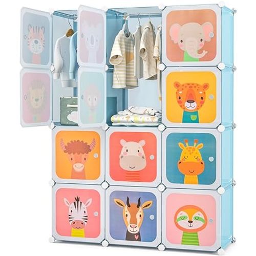 Costzon Kids Closet, Cartoon DIY Modular Dresser Storage Organizer with 12 Cubes & 2 Clothes Hanging Rack, Portable Armoire for Baby Toddlers, Kids Wardrobe for Bedroom Nursery (Blue)
