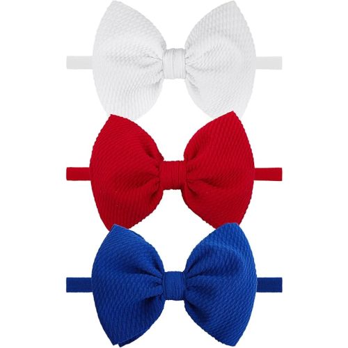 YanJie 3rd of July Hairband Nylon Baby Girl Bows with Red, White, Blue Accents - One Size Fits All Infant Toddler Headbands for Festivals, Everyday Wear, and Special Occasions - Set of 3
