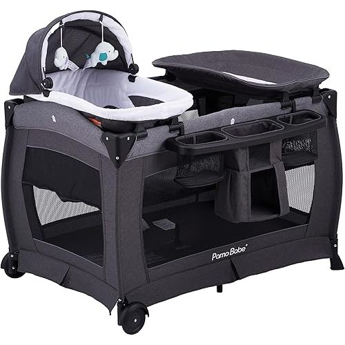 Pamo Babe Deluxe Nursery Center Portable Playpen Foldable Playard for Baby and Toddler Mattress, Changing Table for Newborn(Black)