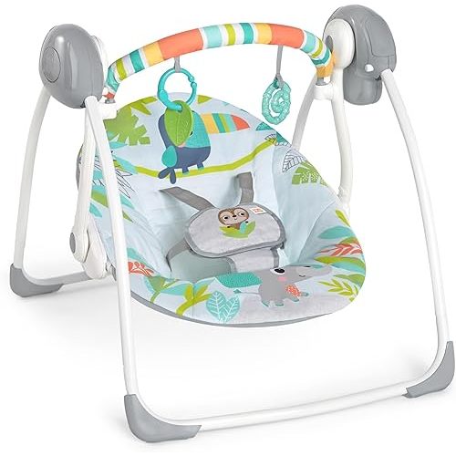 Bright Starts Portable Automatic 6-Speed Baby Swing with Removable -Toy Bar, 0-9 Months 6-20 lbs (Rainforest Vibes)