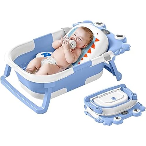 Collapsible Baby Bathtub for Infants to Toddler with Real-time Temp Monitor+Floating Cushion,Foldable Baby Bath Tub Set Applicable 0-36 Month,Portable Travel Baby Tub for Newborns Boy (Baby Blue)