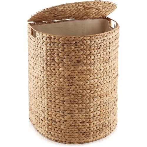 Casafield Half Moon Laundry Hamper with Lid and Removable Liner Bag - Natural, Woven Water Hyacinth Laundry Basket for Clothes and Towels