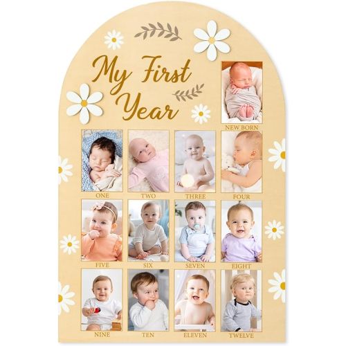 R HORSE My First Year Photo Display Wood Board, 3D Daisy Baby's First Year Picture Frame 12 Months Milestone Board Neutral Baby Keepsake Birthday Nursery Decor Gift for Boy Girl