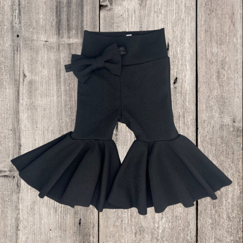 Baby Bell Bottoms & Matching Bow Set/ Infant Bell Bottoms/ Solid Black Flare Pants/ Toddler Bells/ Black/ Baby Pants