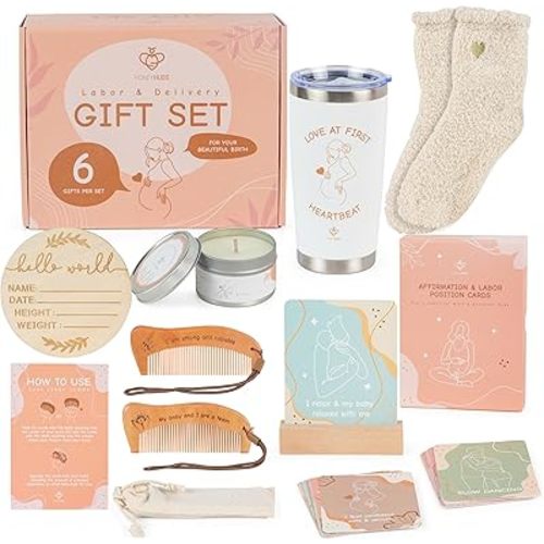 Labor and Delivery Essentials for Pregnant Women - Expecting Mom Gifts with Labor Comb, Pregnancy Socks, Affirmation and Labor Prep Position Cards, Candle, Tumbler and More