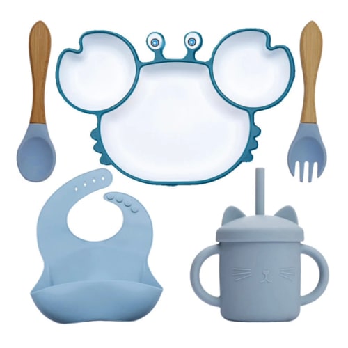 Baby Feeding Set – Crab Shape Silicone with Suction (5 pieces)