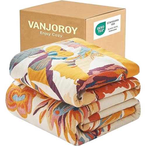 VANJOROY Boho Throw Blanket, 100% Organic Cotton Ultra Soft 50" x 60" Throw for Couch and Bed - Skin-Friendly Embroidery Cozy All Season Rustic Floral Decor Chair Blanket -Beige