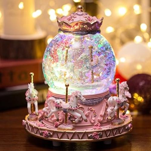 LOVE FOR YOU Gift Wrapped Bluetooth Music Box Carousel Horses Color Lights Unicorn Snow Globe for Girls and Women Baby Kids Sister Mom Daughter Grandma Granddaughter Christmas Birthday Presents Gifts