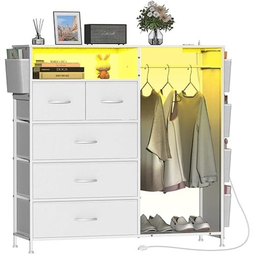 Dresser for Bedroom with Clothes Rack Side Pockets White 5 Drawers Dresser with Charging Station LED Lights Sturdy Steel Frame Wood Top Organizer Unit for Nursery Hallway Closet