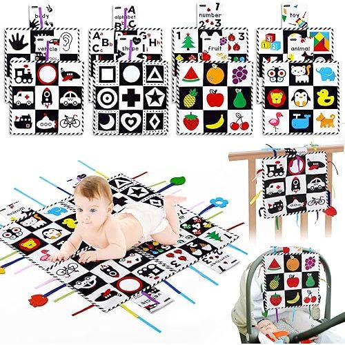 beiens Baby Toys 0-6 Months, Tummy Time Crinkle Toys with Mirror, Black and White High Contrast Sensory Toys for 0-6-12-18 Months Toddler Newborn, Play Mats, Chrismas Shower Gift, Stocking Stuffers