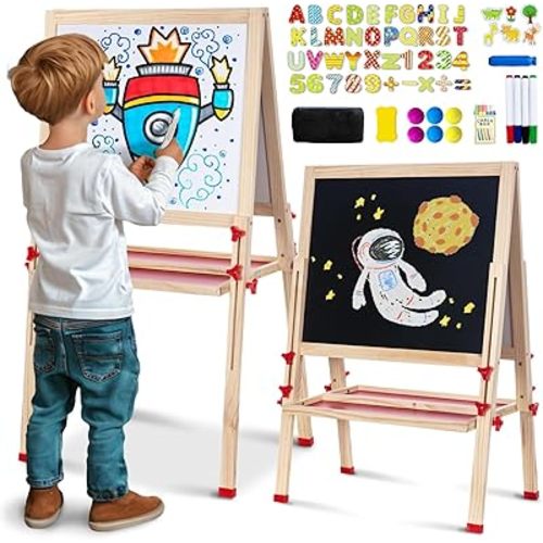Adjustable Art Easel for Kids, Quick-Fold Kids Easel for Toddlers 3,4,5,6,7,8,9,10 Years, Double Sided Easel with Painting Accessories, Gift & Painting Supplies for Boys&Girls