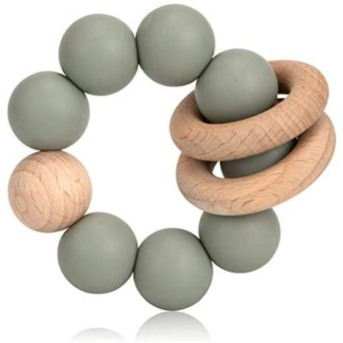 Teether Ring Toy for Baby, Silicone & Natural Wooden Infant Baby Bangle Teether Toys and Develop Sensory Skills (Sage)
