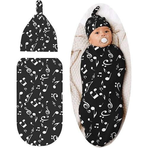 Music Black Baby Stuff Swaddle Blanket Soft and Stretchy Newborn Swaddle Blankets Sack Receiving Blanket with Beanie Hat Gift for Girls and Boys Infant