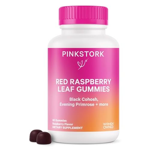 Pink Stork Red Raspberry Leaf Gummies - Third Trimester Labor Prep + Postpartum Mood Essentials with Evening Primrose Oil + Black Cohosh - 60 Vegan Gummy Supplements, Non-GMO
