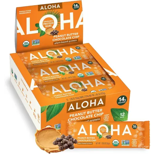 ALOHA Organic Plant Based Protein Bars |Peanut Butter Chocolate Chip | 1.98 Oz (Pack of 12) | Vegan, Low Sugar, Gluten Free, Paleo, Low Carb, Non-GMO, Stevia Free, Soy Free, No Sugar Alcohols