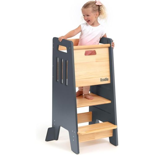 Toddler Tower with a Sliding Door and 3 Adjustable Heights - Complete Toddler Kitchen Stool Helper with Support Feet - Safe Design for 18+ Months to 6-Year-Old Kids - Gray